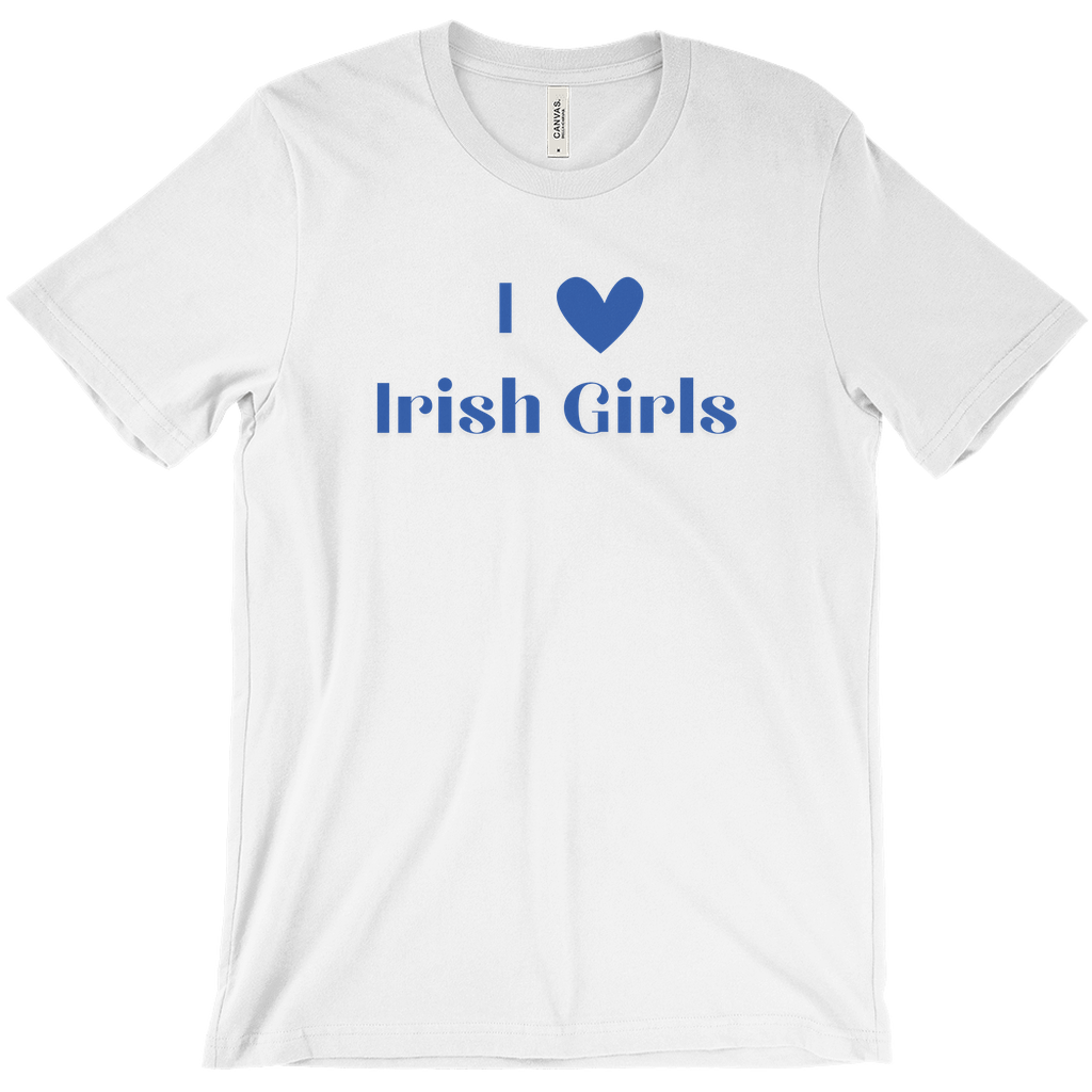 Mockup for a white shirt that says I Heart Irish Girls. This is a unisex shirt.