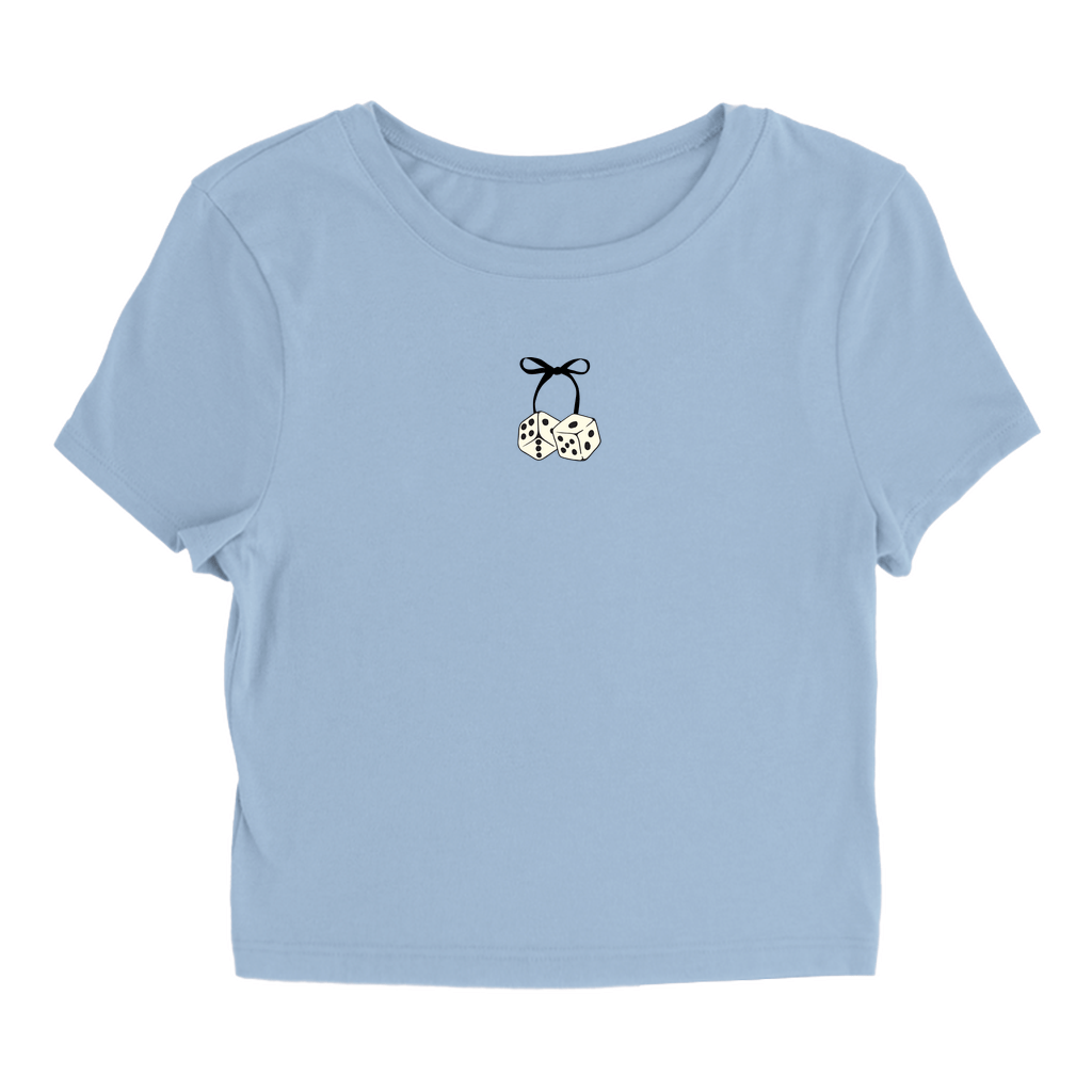 Product image of blue baby tee featuring a dice and bow design