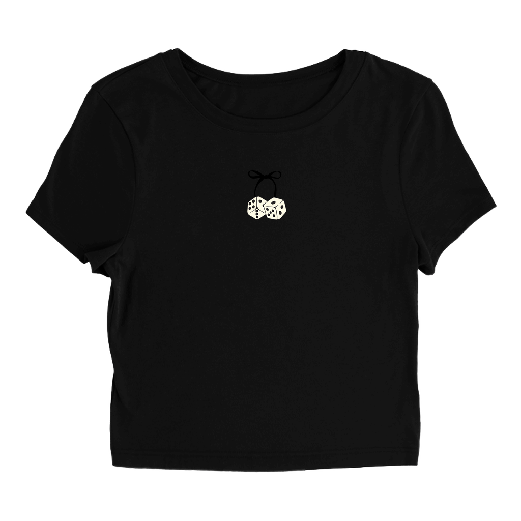 Product image of black crop top with a bow and dice design
