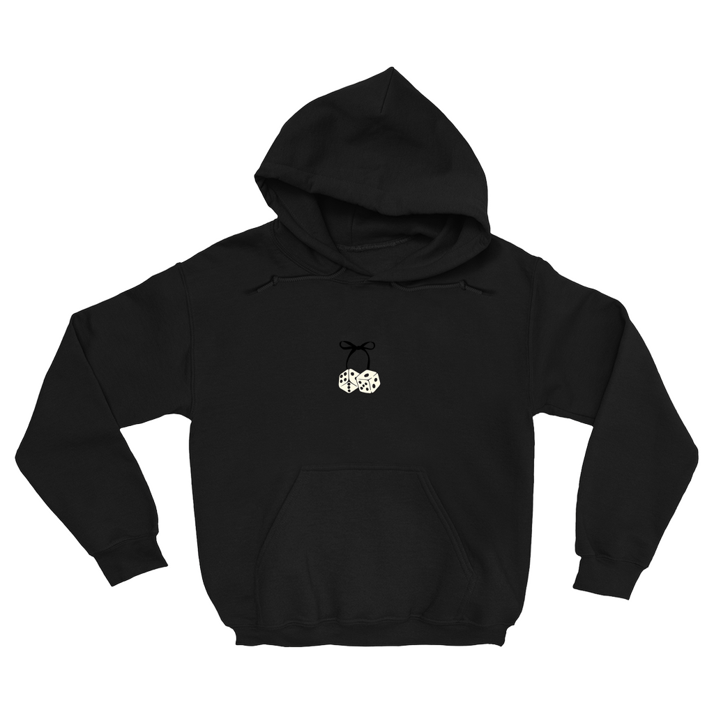 Mockup of Bow & Dice hoodie from the front