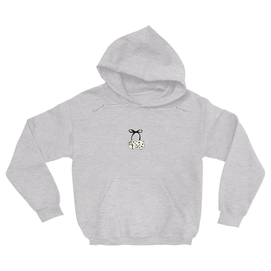 Mockup image of grey Bow & Dice hoodie.