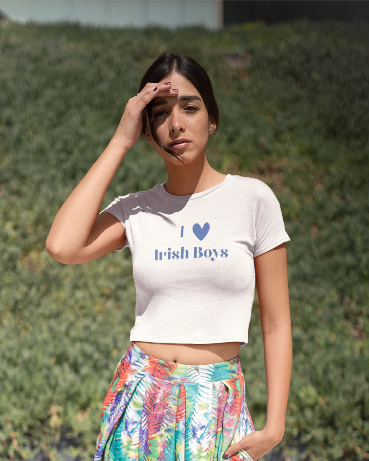 Cute girl outside where a I heart Irish boys crop top.