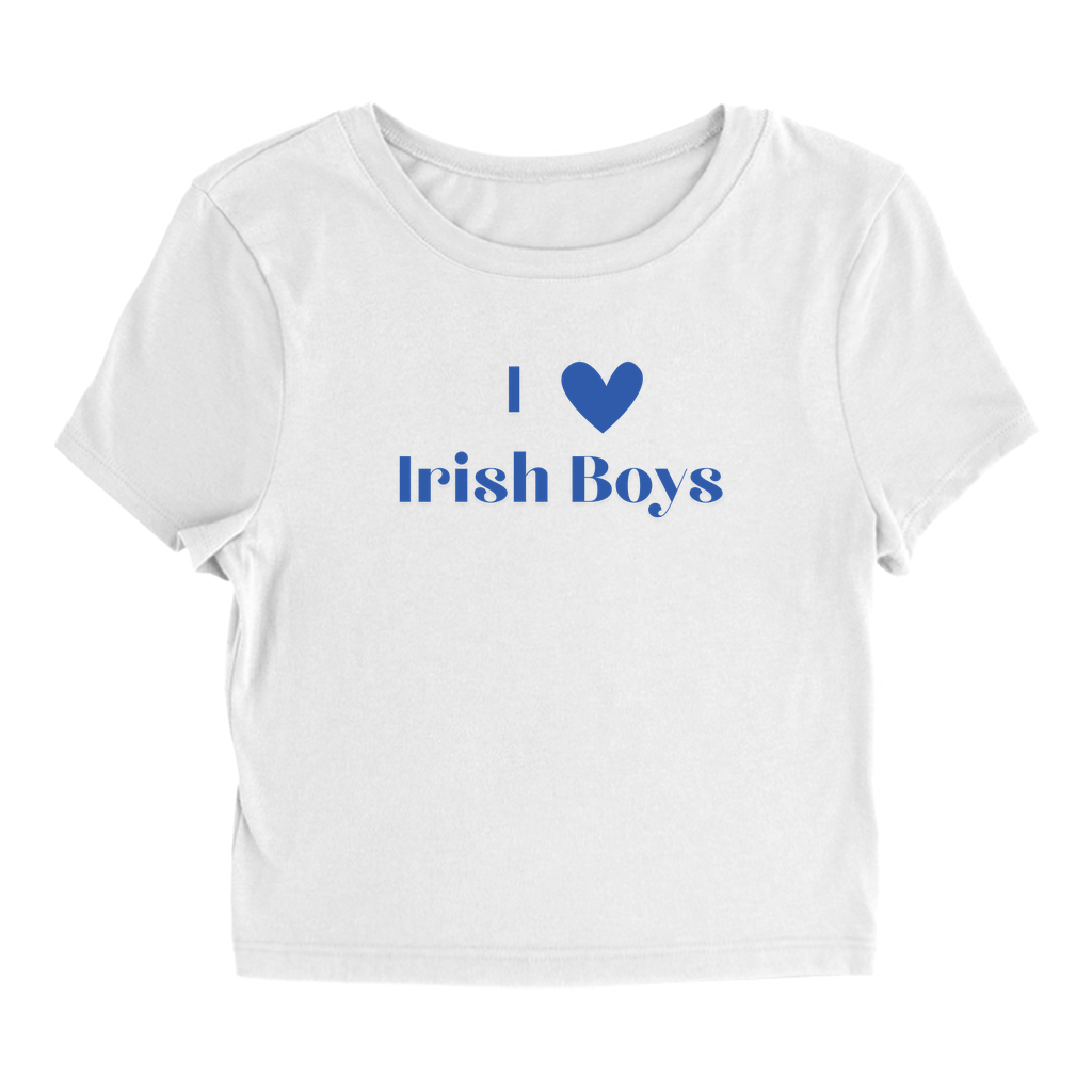 Mockup image of white baby tee that says I love Irish boys in blue text.