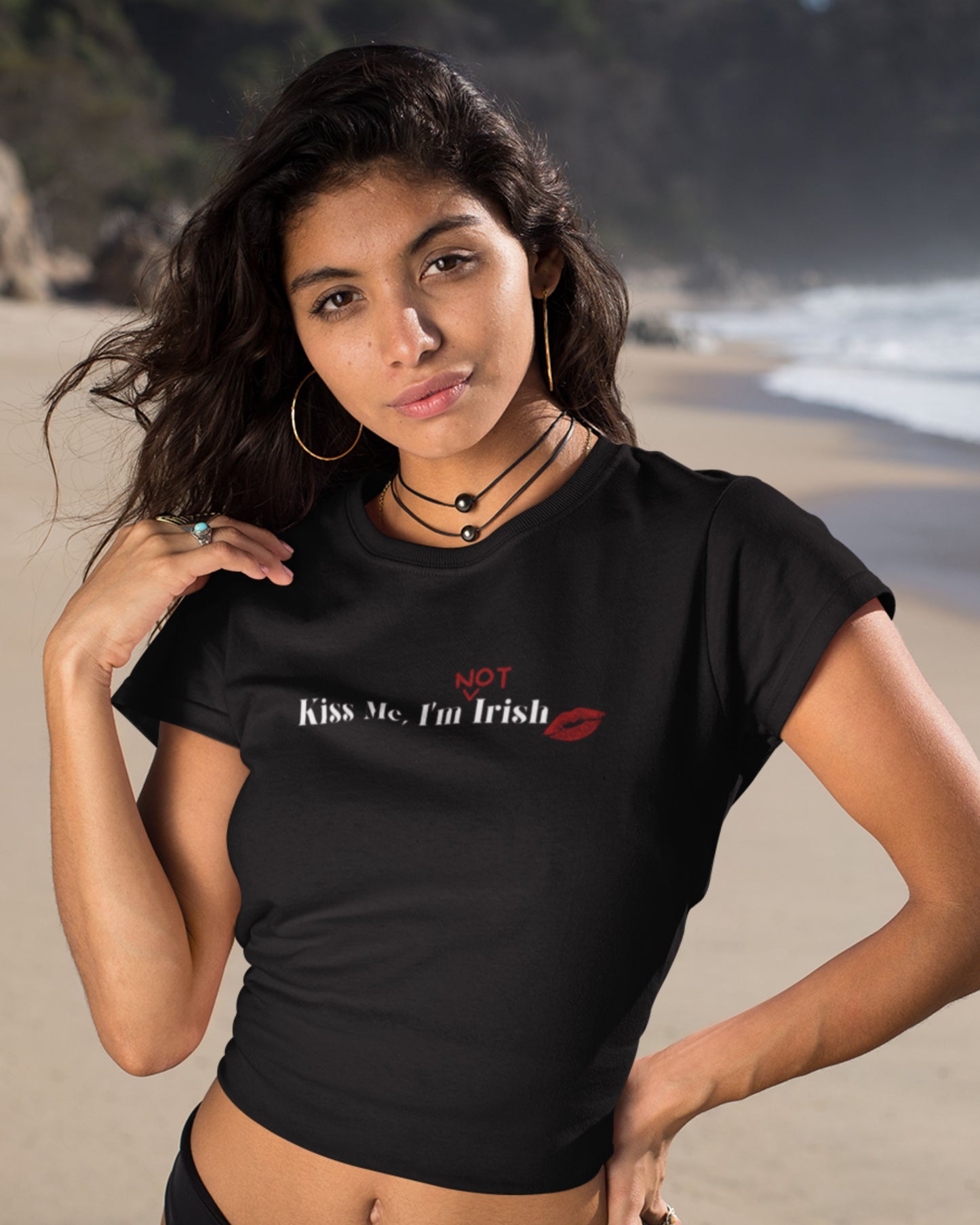 Hot girl in White Kiss Me, I'm (Not) Irish Baby Tee in black. Featuring a cute kiss mark design.
