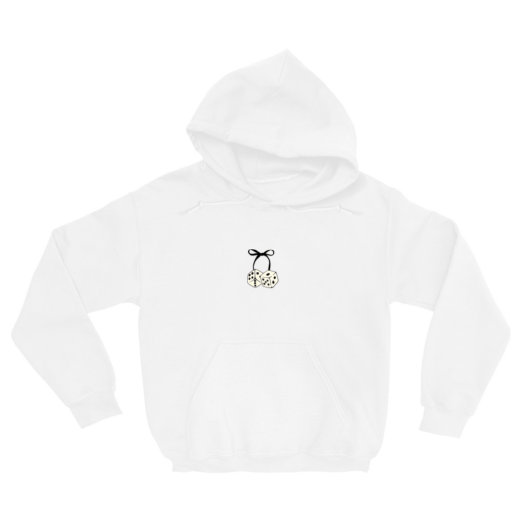 White Bow & Dice hoodie front mockup.