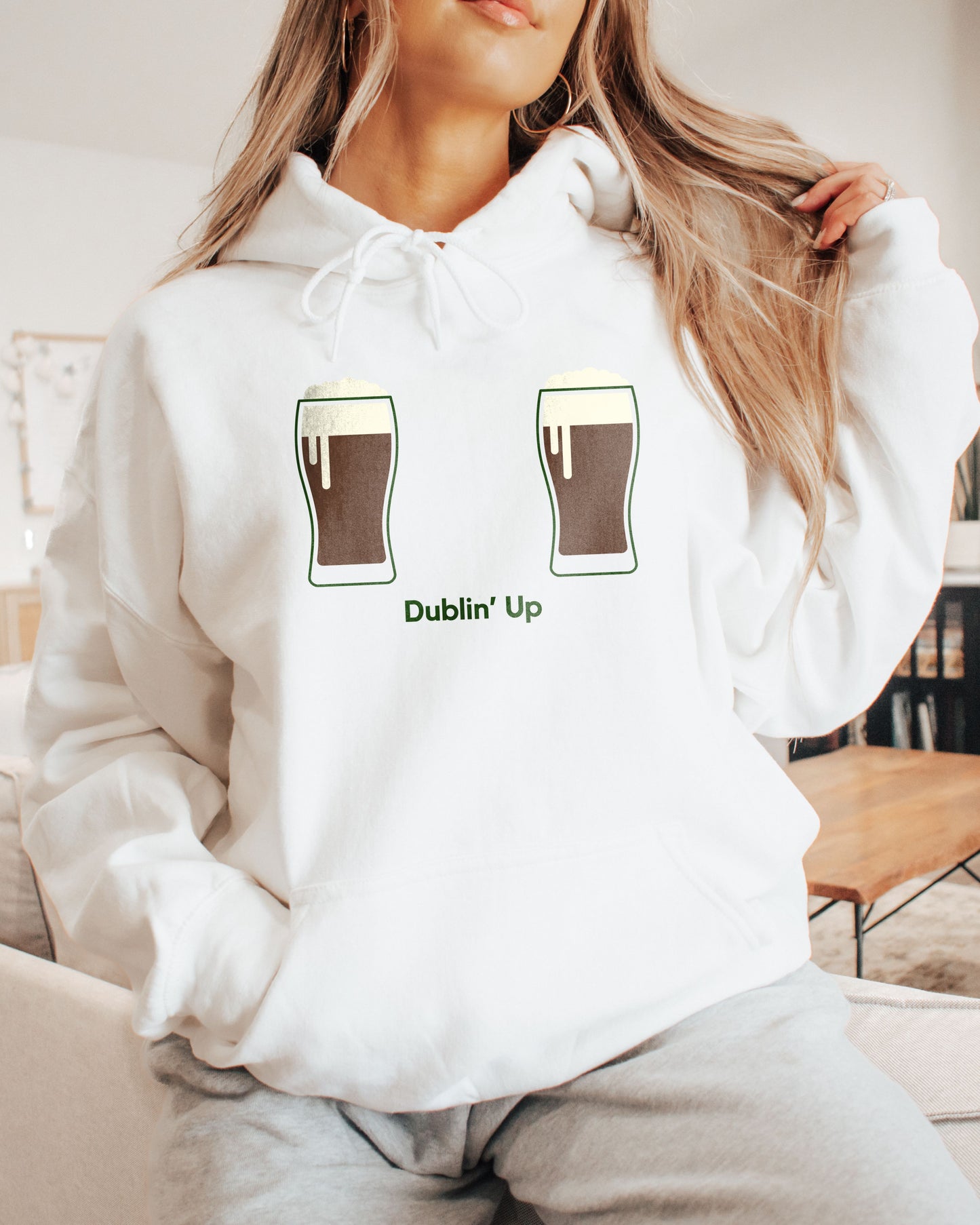 Model in white dublin up beer hoodie