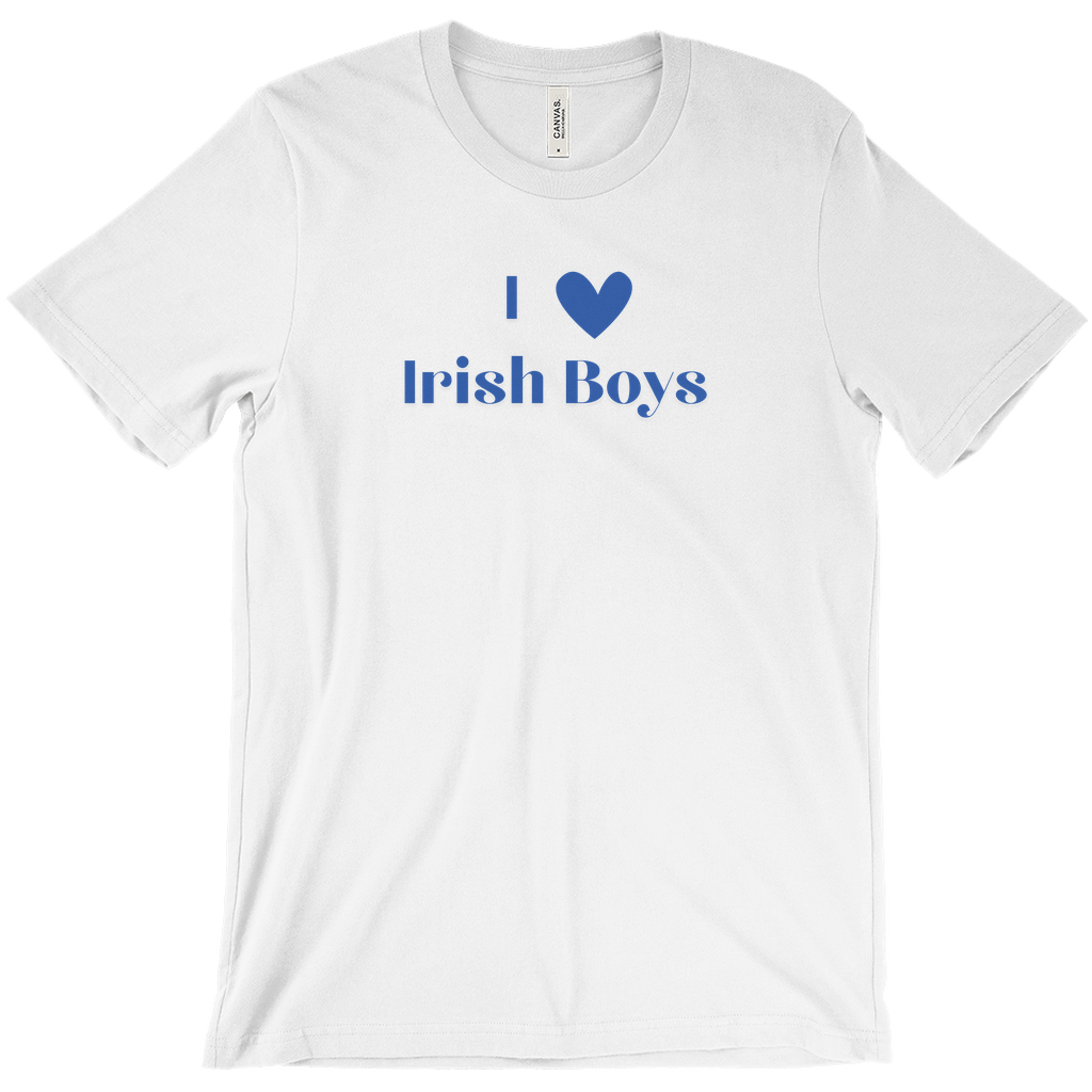 Mockup image of a white shirt that says I Love Irish Boys on it in blue text. The background of the image is white and it is a professional style photo.