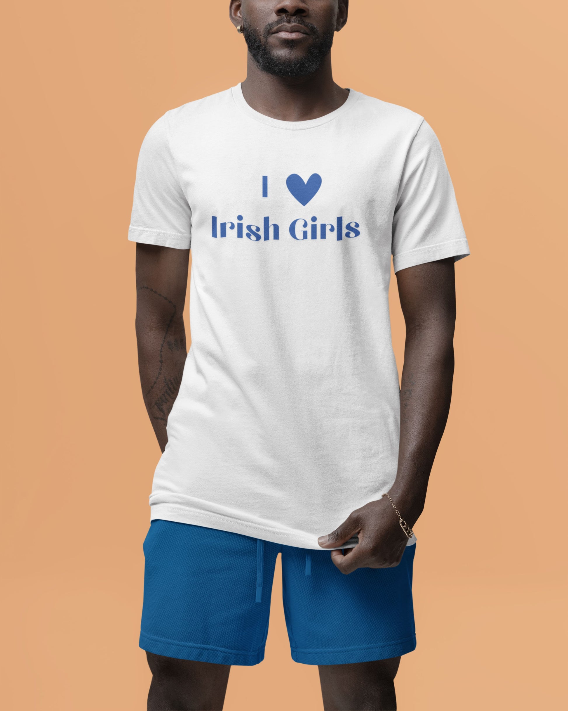 Man wearing I Love Irish Girls Shirt. He is pairing the shirt with blue shorts.