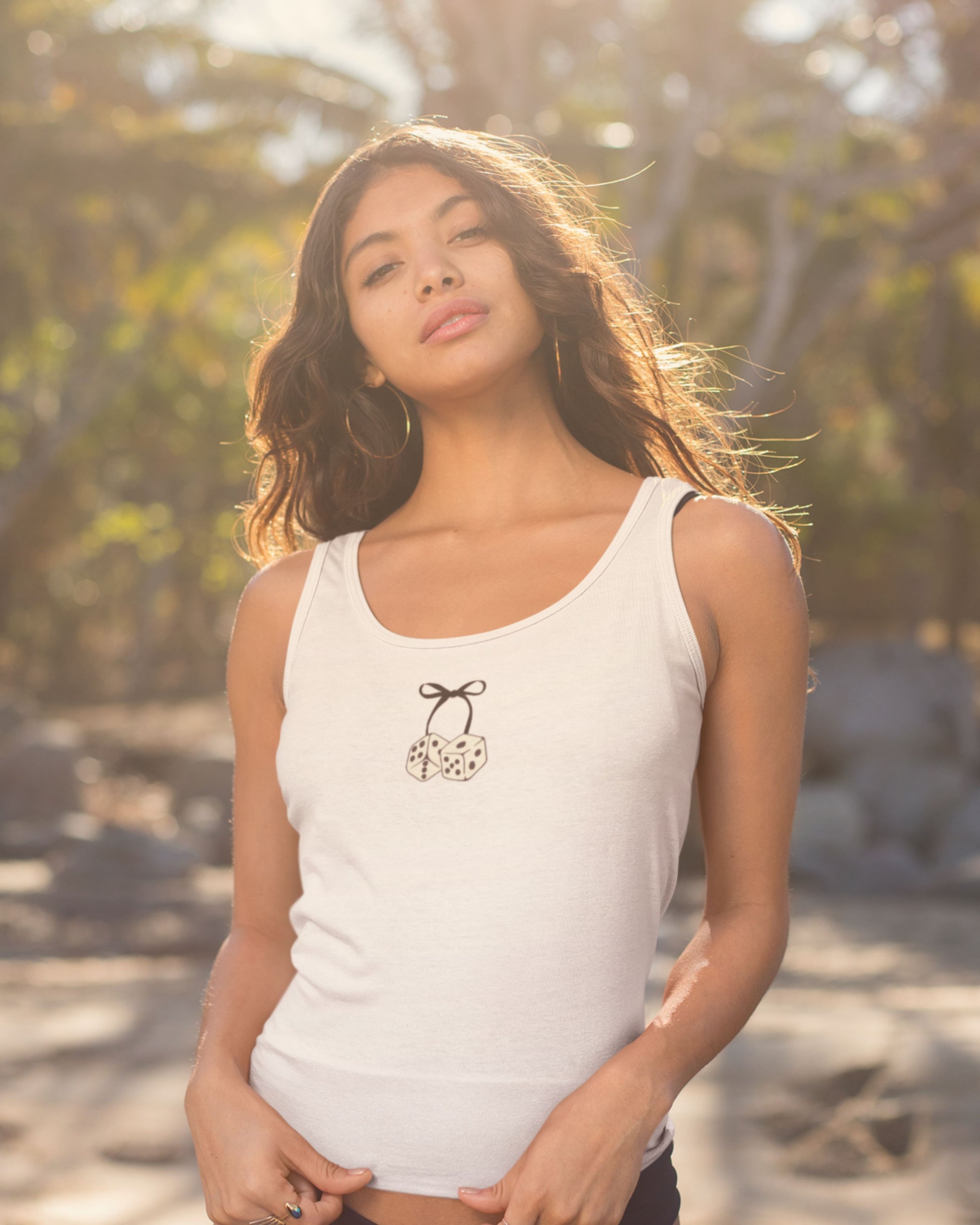 Cute girl in Bow & Dice white tank top by Lucky Days