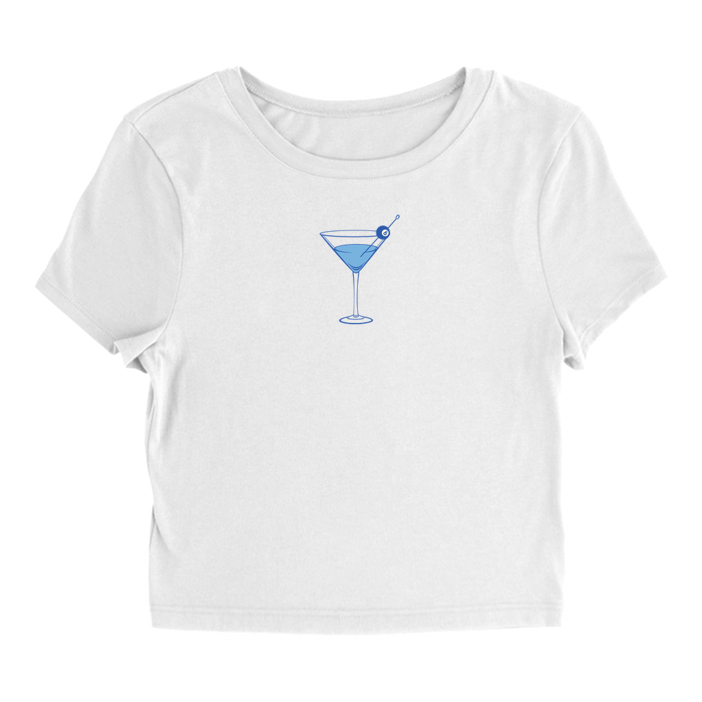 Product image of white crop top with blue martini graphic with a blue eight ball olive