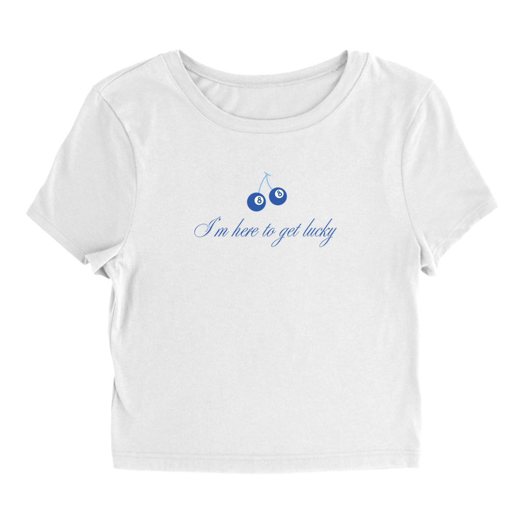 Product image of the I'm here to get lucky white baby tee 