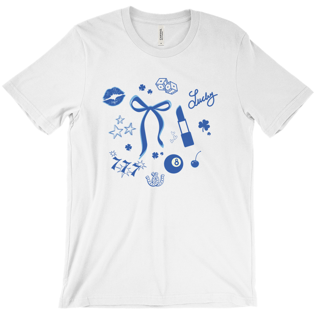 Mock up for Lucky Icon Tee which uses patch/tattoo art style with St. Patricks day icons.