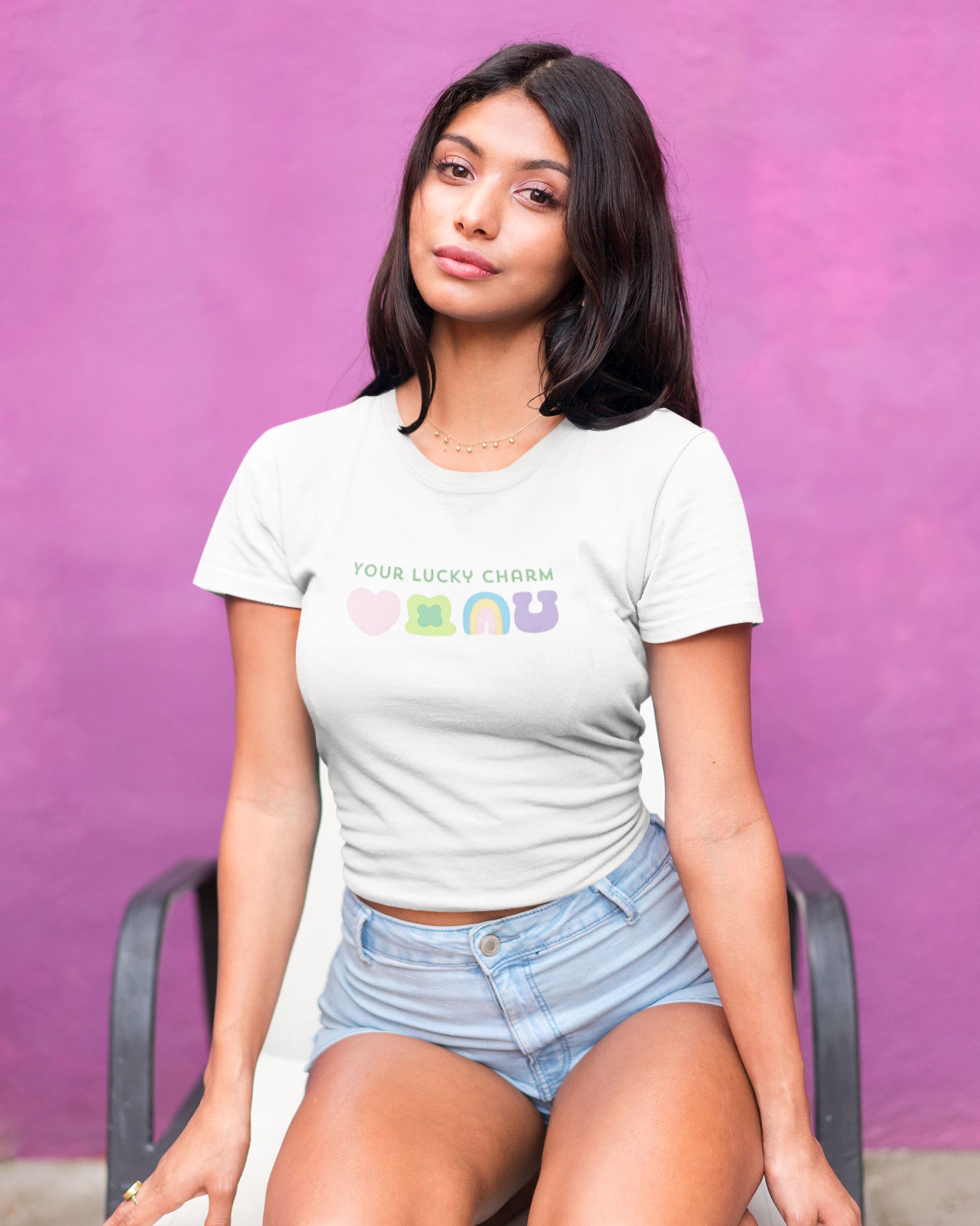 Girl wearing Your Lucky Charm Baby Tee