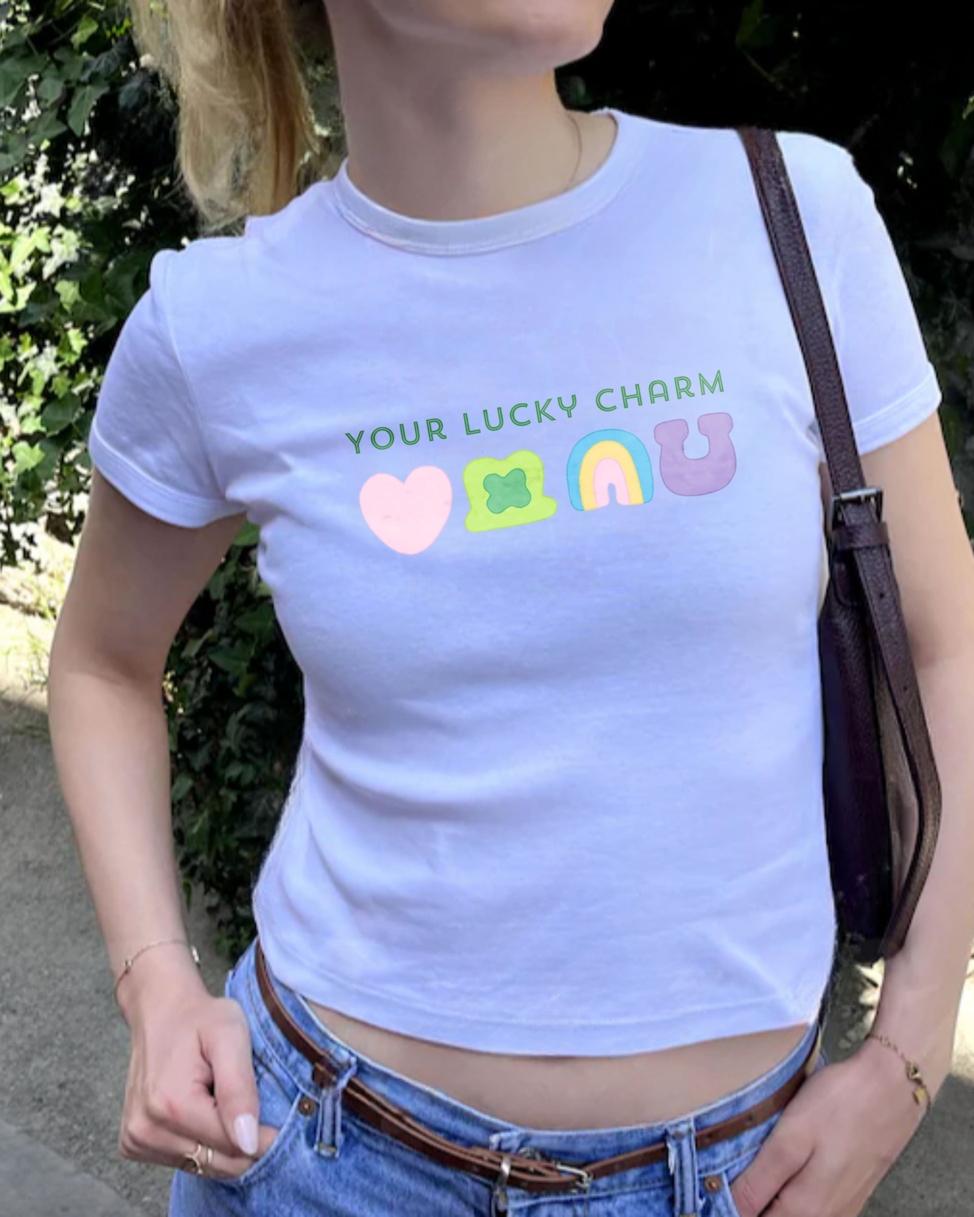 Model wearing Your Lucky Charm crop top outside